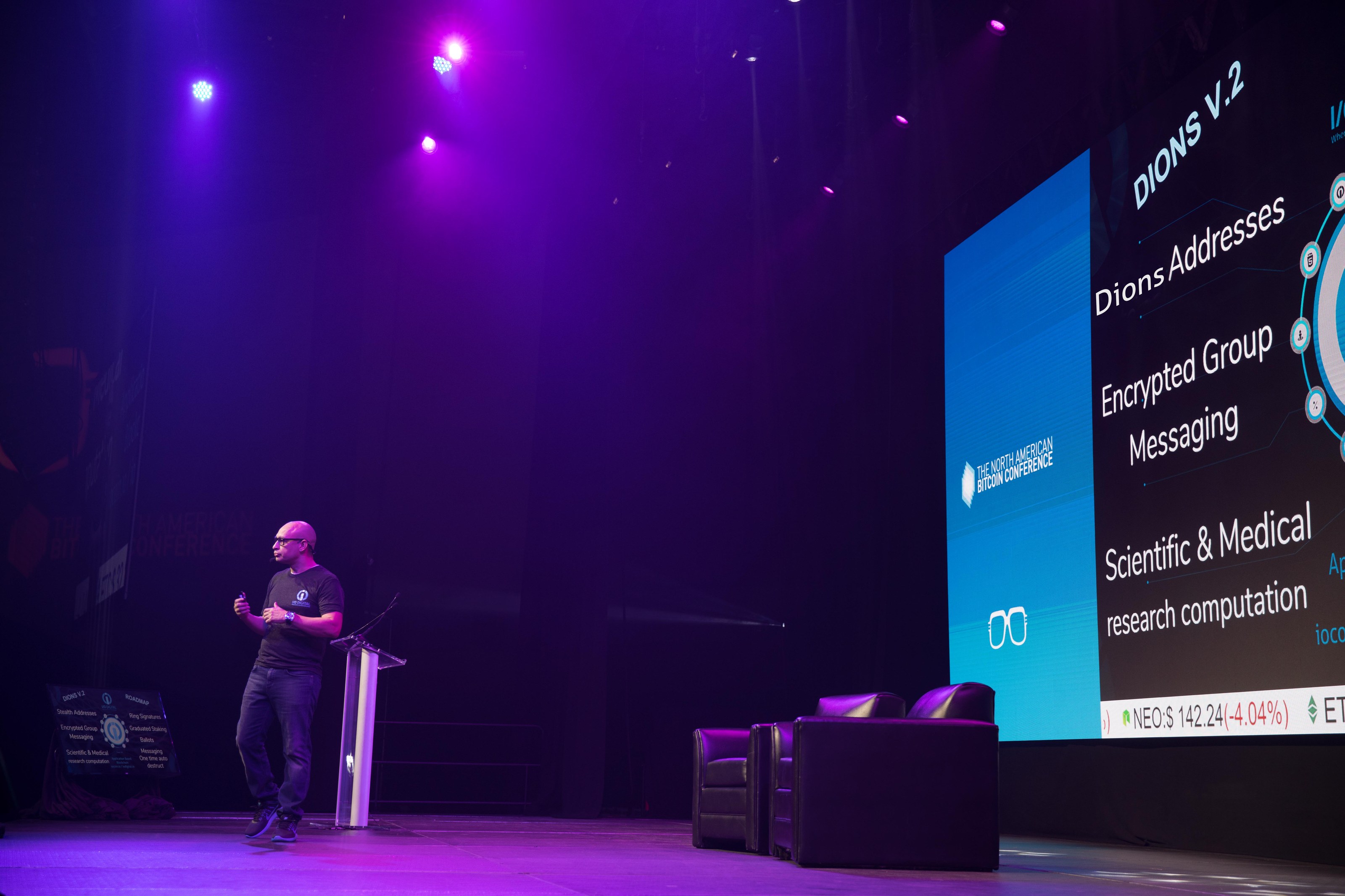 I/O Digital presentation on DIONS addresses and encrypted messaging at a technology conference.